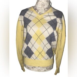 Vintae James Pringle ScotlandYellow Argyle Wool Sweater Pullover Knit Crewneck